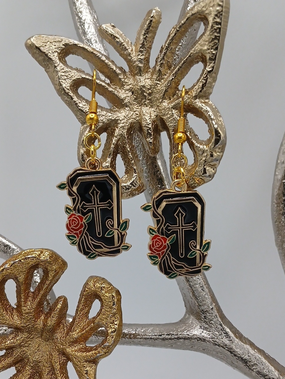Gothic Cross Rose Dangle Earrings